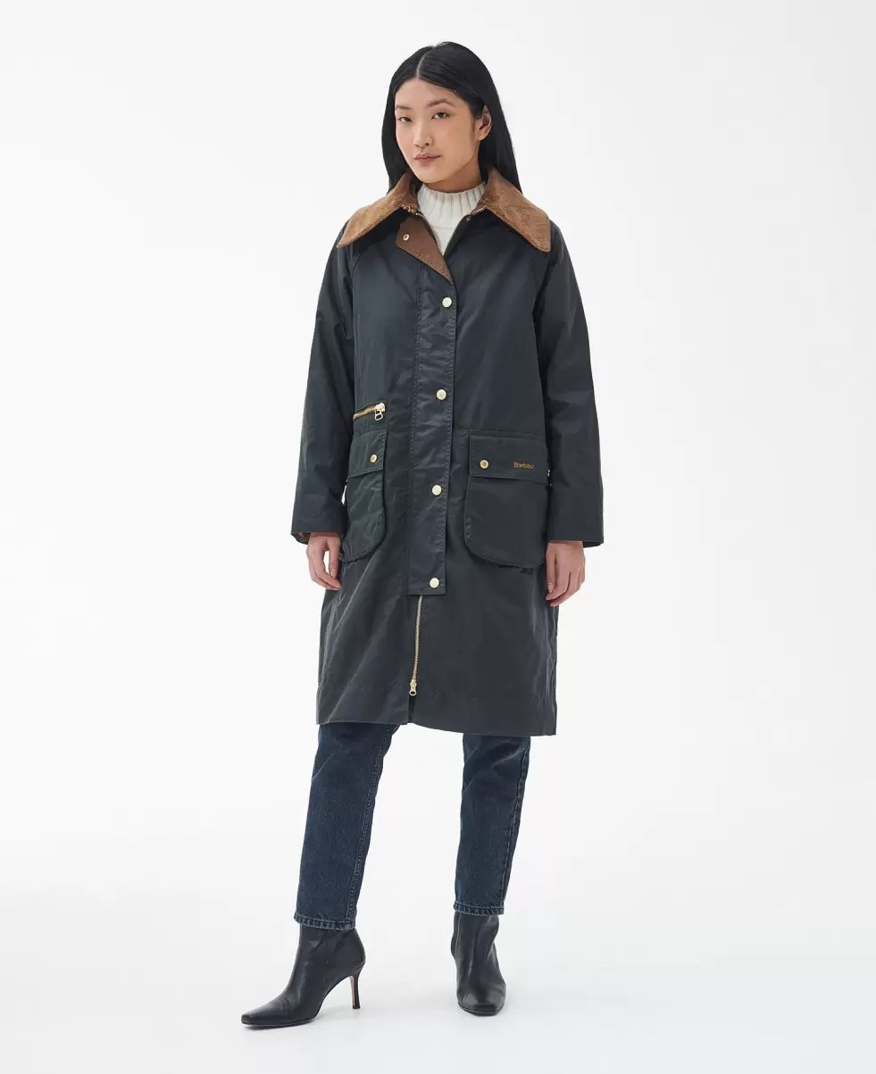 Barbour Townfield Wax Jacket Trench Coats Women Green Unique - 2