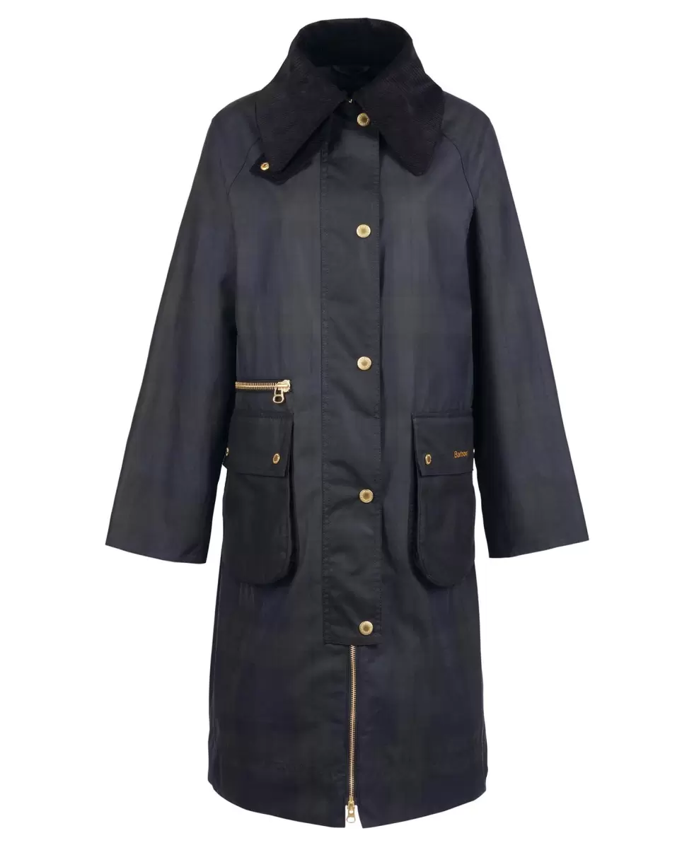 Women Inviting Barbour Printed Townfield Wax Jacket Trench Coats Navy - 1