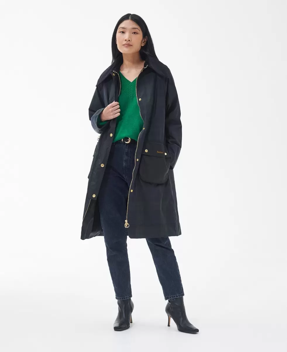 Women Inviting Barbour Printed Townfield Wax Jacket Trench Coats Navy - 2