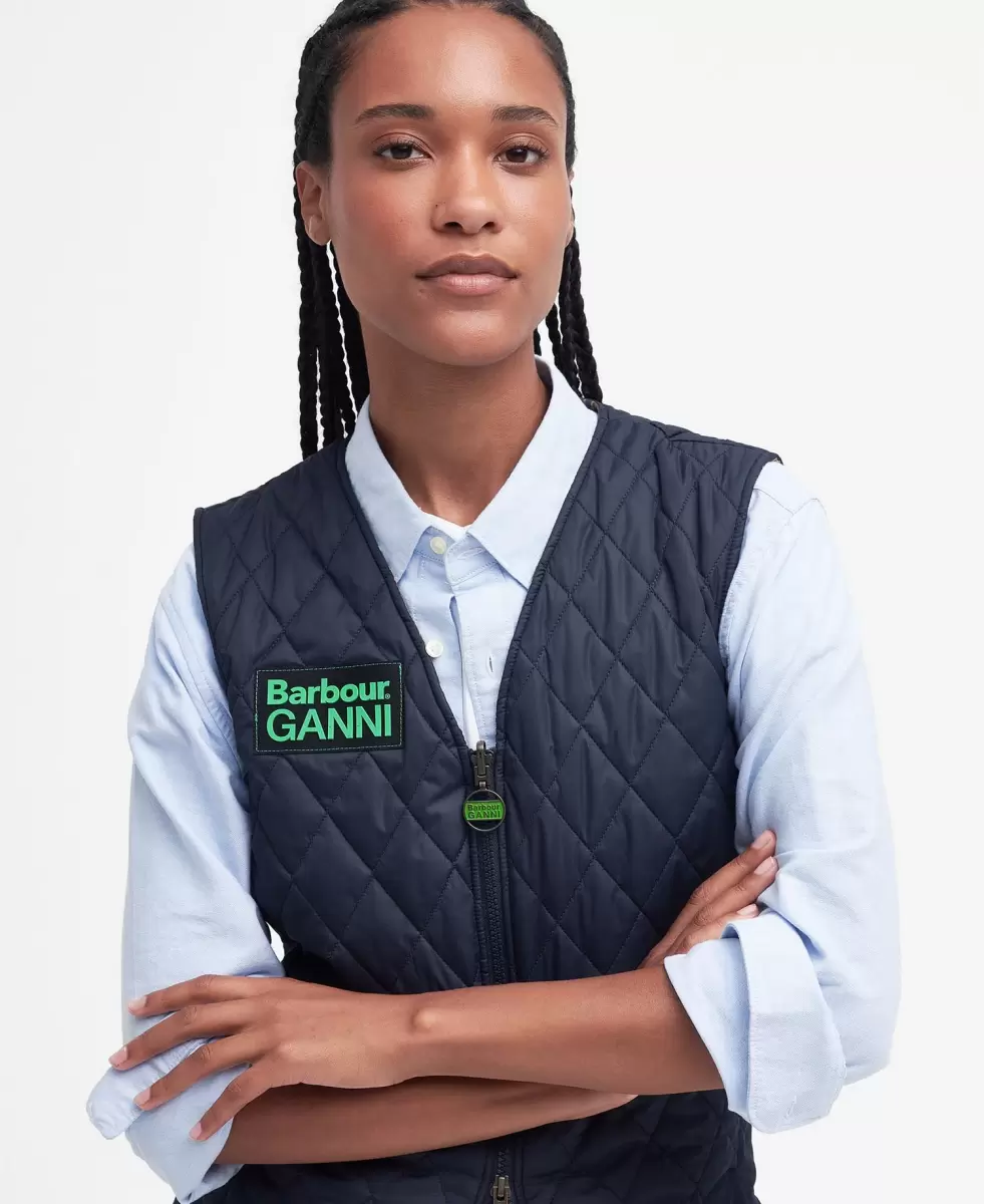 Women Affordable Navy Barbour X Ganni Reversible Betty Liner Gilets & Liners - 2