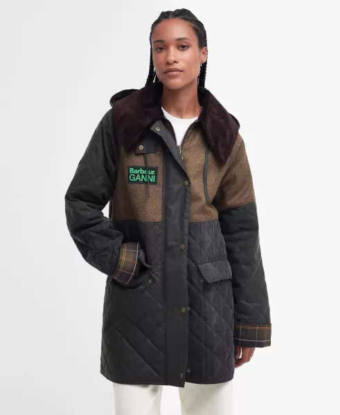 Classic Women Green Barbour X Ganni Short Burghley Quilted Wax Jacket Waxed Jackets