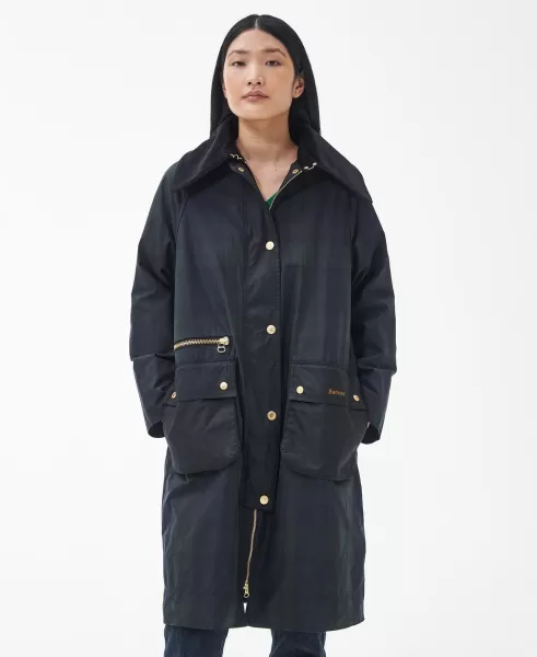 Women Inviting Barbour Printed Townfield Wax Jacket Trench Coats Navy